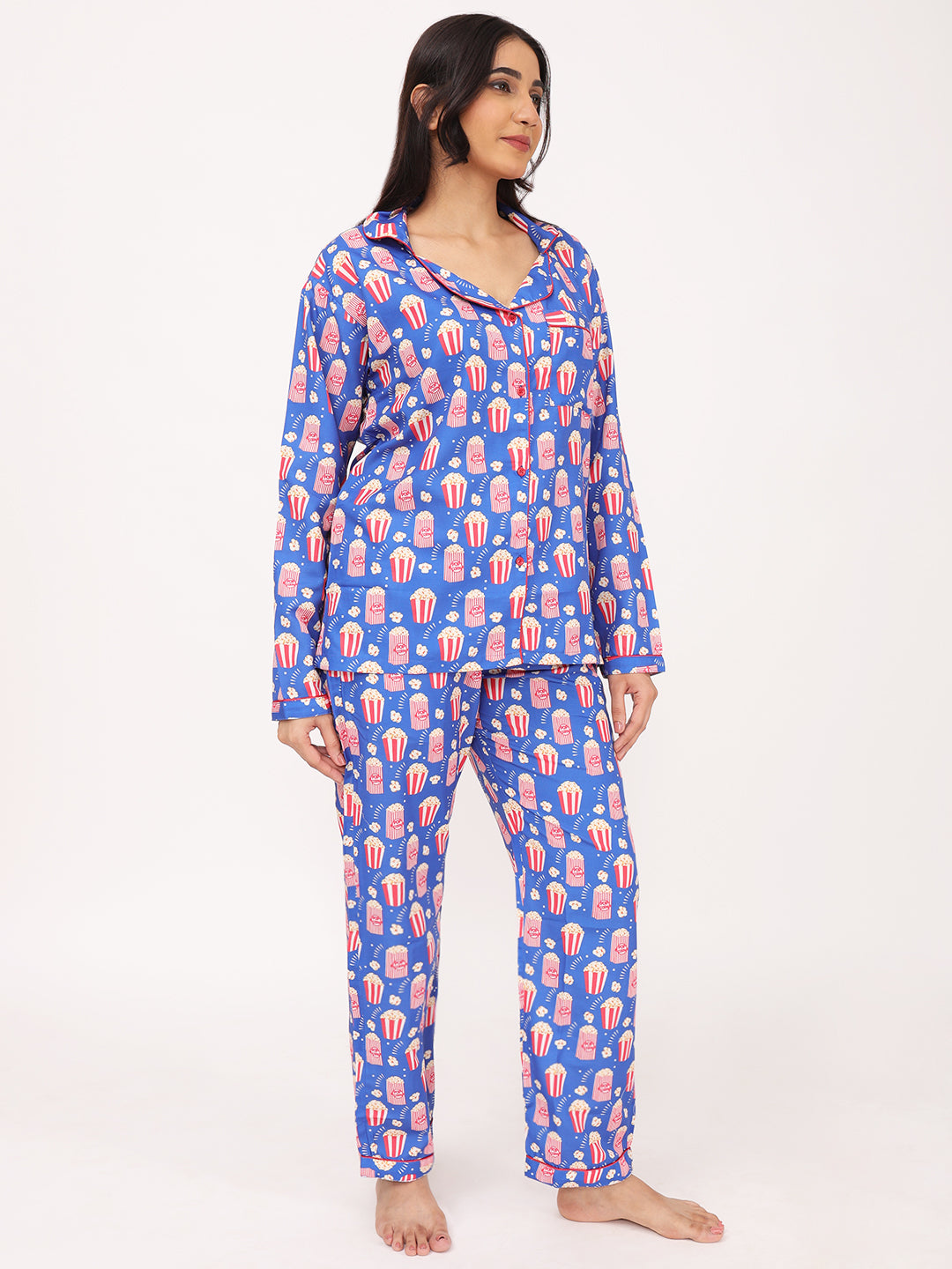 Biglilpeople Women's Popcorn Print Long Sleeves Shirt & Pyjama Set