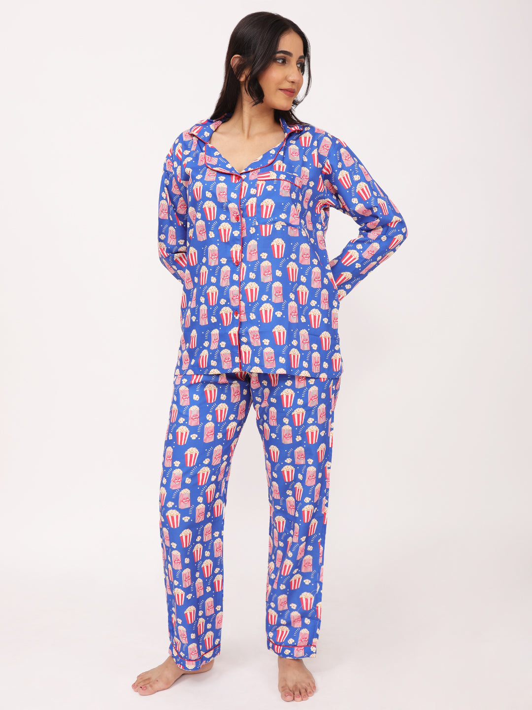 Biglilpeople Women's Popcorn Print Long Sleeves Shirt & Pyjama Set