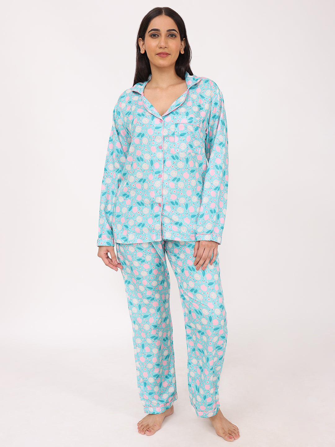 Conjunto de camisa y pijama de manga larga con estampado floral para mujer Biglilpeople