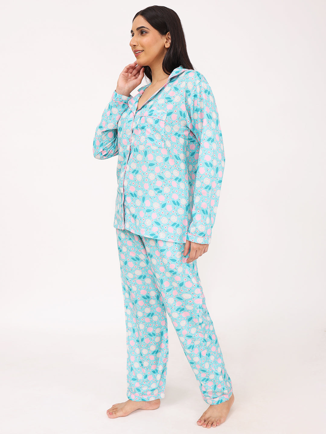 Conjunto de camisa y pijama de manga larga con estampado floral para mujer Biglilpeople