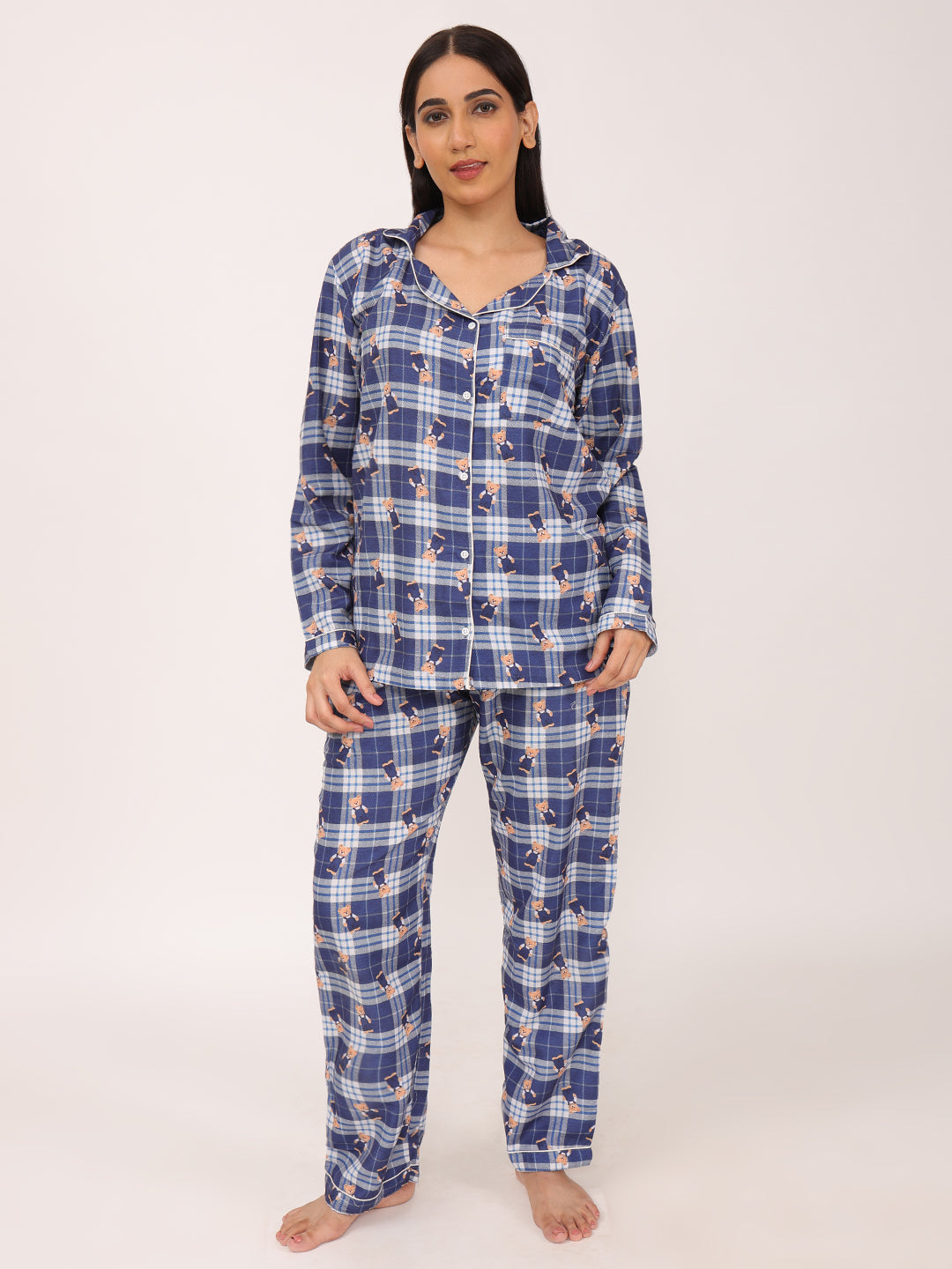 Conjunto de pijama de camisa de manga larga a cuadros para mujer Biglilpeople