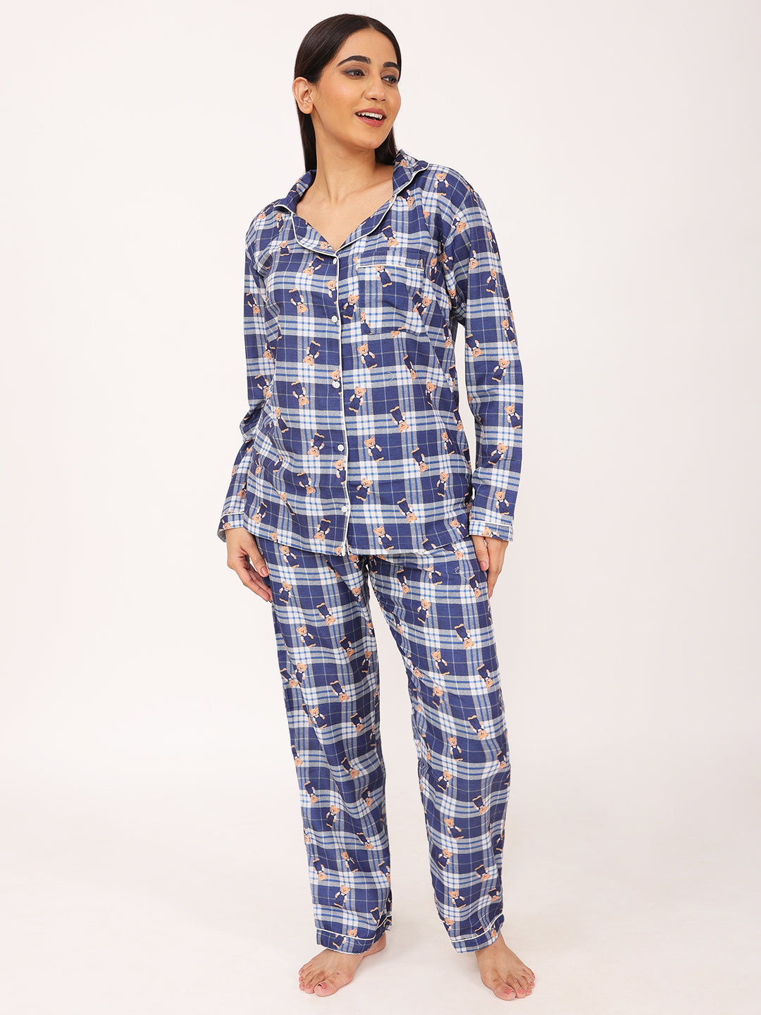 Conjunto de pijama de camisa de manga larga a cuadros para mujer Biglilpeople