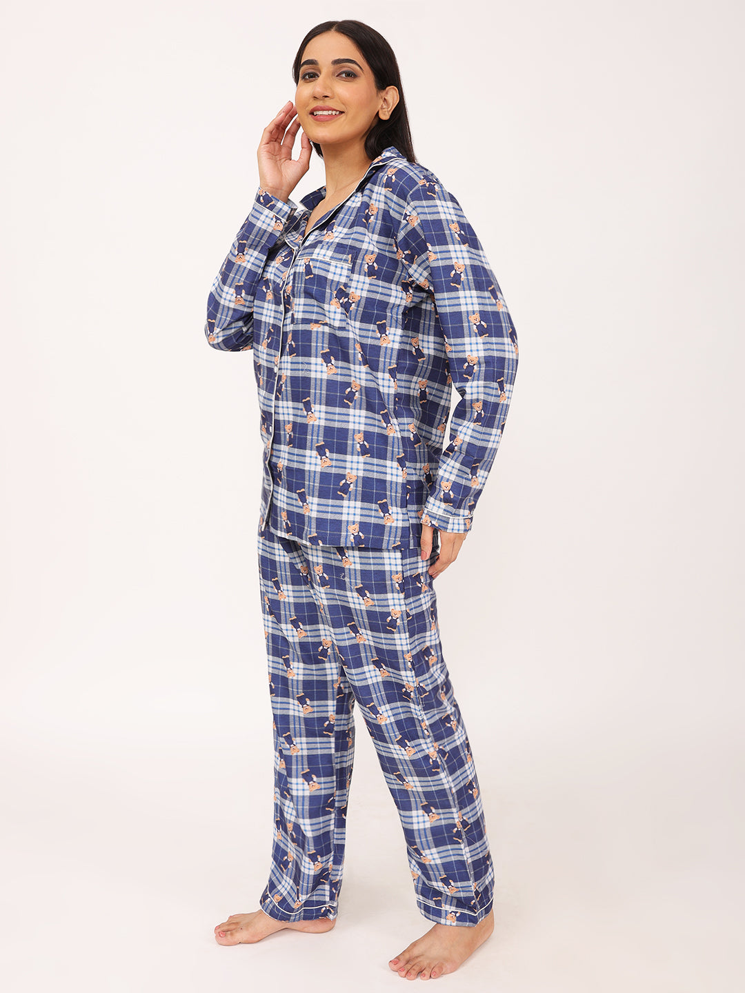 Conjunto de pijama de camisa de manga larga a cuadros para mujer Biglilpeople