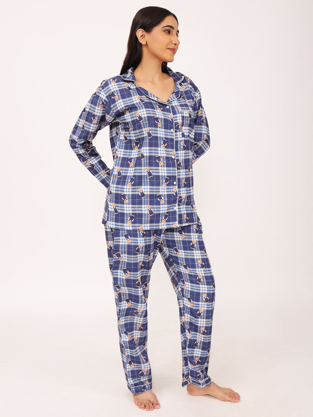 Conjunto de pijama de camisa de manga larga a cuadros para mujer Biglilpeople