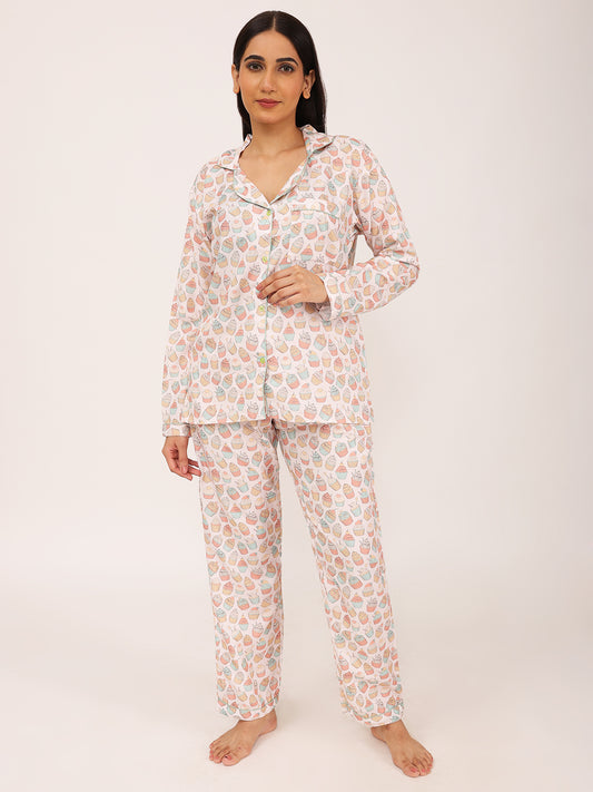 Biglilpeople Women's Cupcake Print Long Sleeves Shirt & Pyjama Set