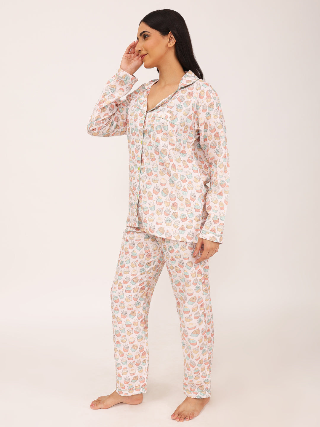 Biglilpeople Women's Cupcake Print Long Sleeves Shirt & Pyjama Set