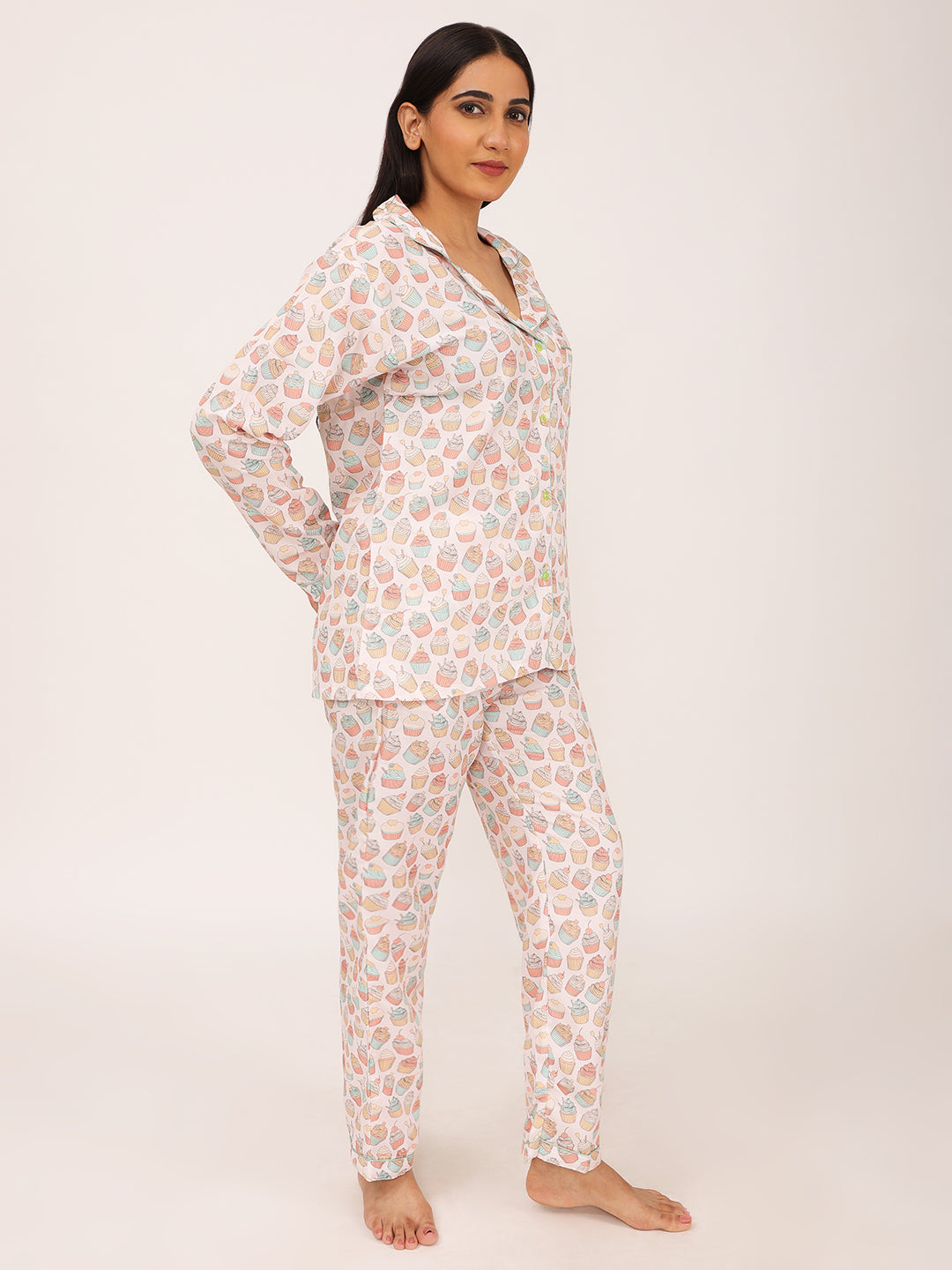 Biglilpeople Women's Cupcake Print Long Sleeves Shirt & Pyjama Set
