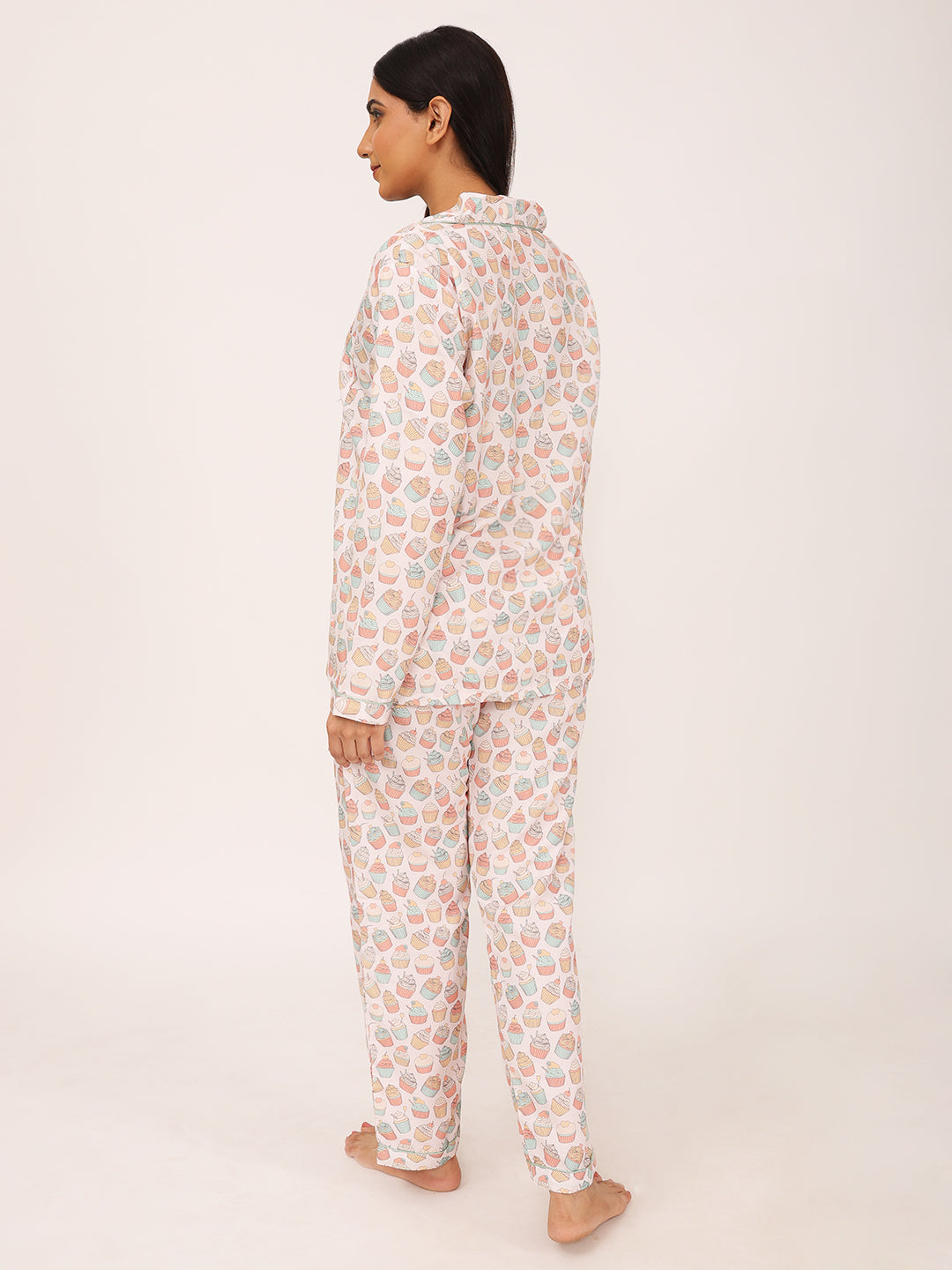 Biglilpeople Women's Cupcake Print Long Sleeves Shirt & Pyjama Set
