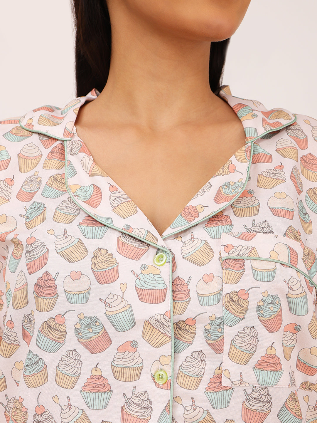 Biglilpeople Women's Cupcake Print Long Sleeves Shirt & Pyjama Set
