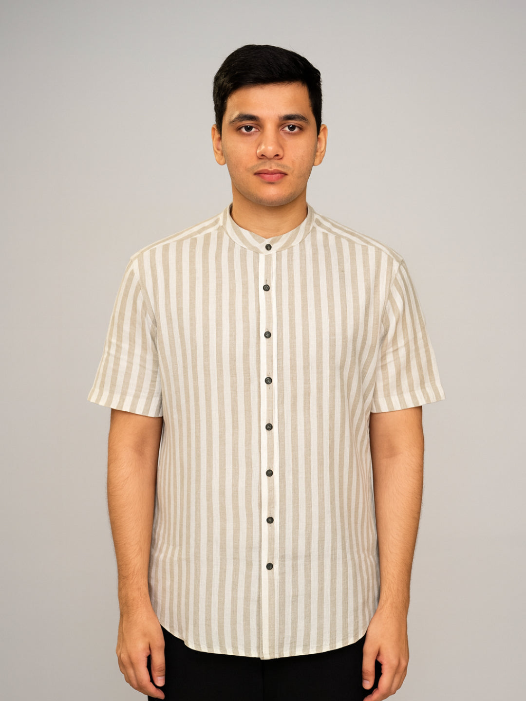 Biglilpeople Men's Striped Band Collar Short Sleeves Shirt