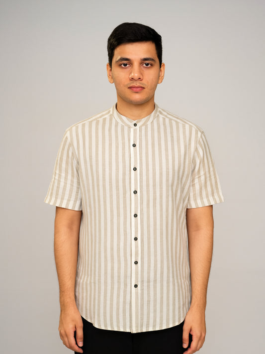 Biglilpeople Men's Striped Band Collar Short Sleeves Shirt