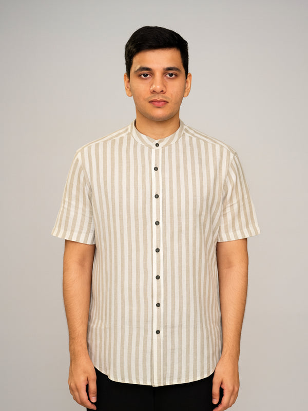 Biglilpeople Men's Striped Band Collar Short Sleeves Shirt