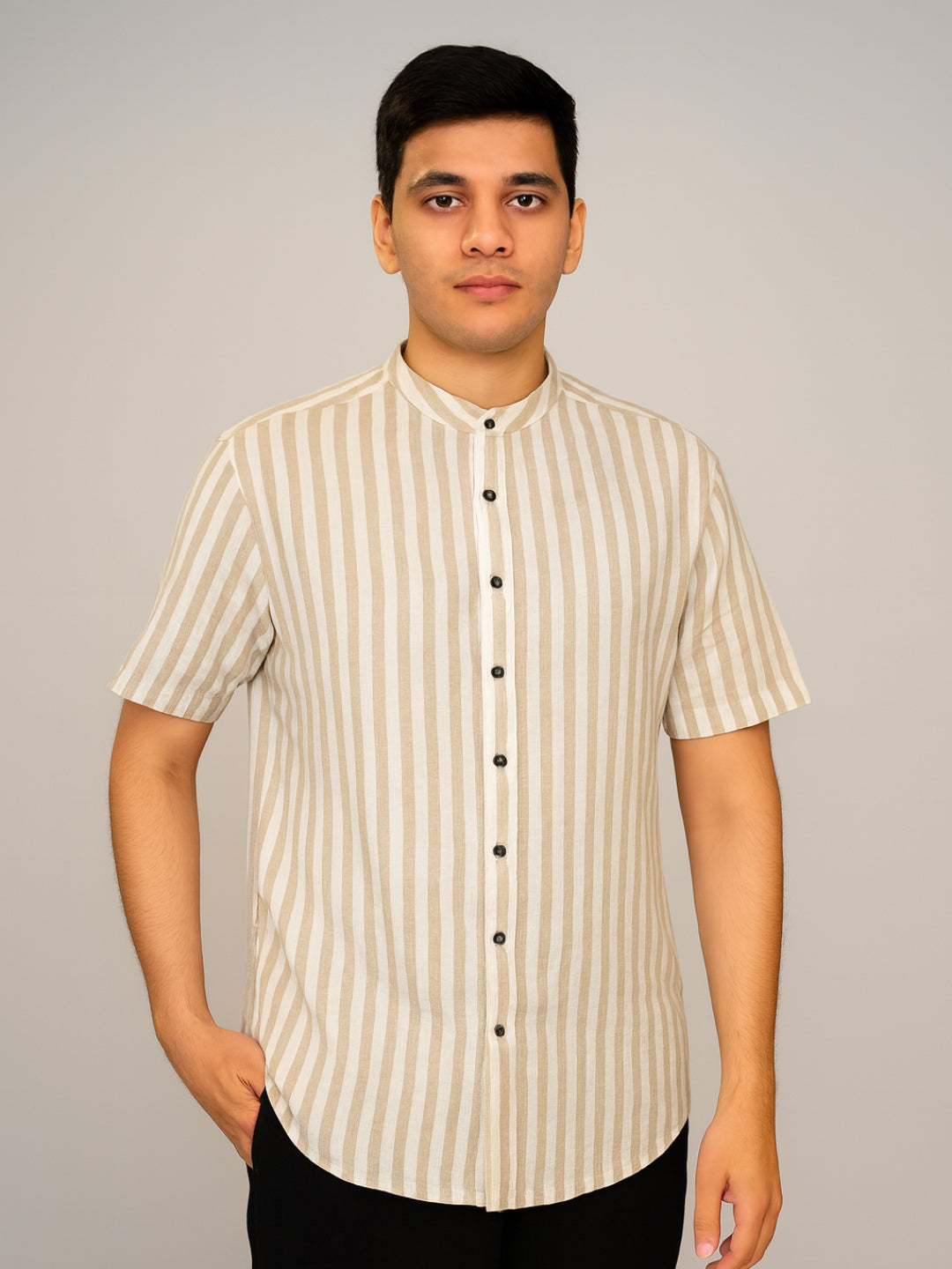 Biglilpeople Men's Striped Band Collar Short Sleeves Shirt