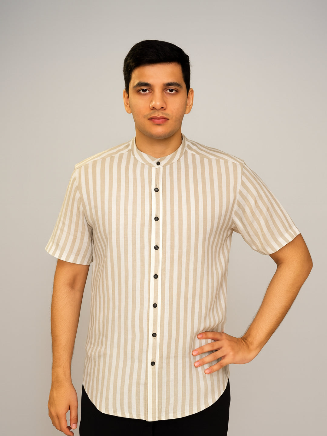 Biglilpeople Men's Striped Band Collar Short Sleeves Shirt