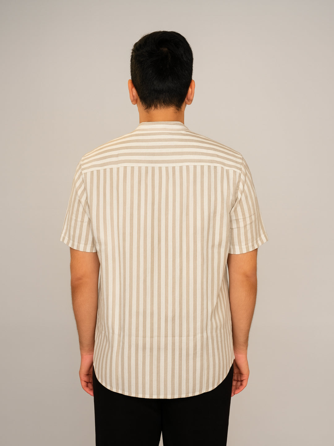 Biglilpeople Men's Striped Band Collar Short Sleeves Shirt