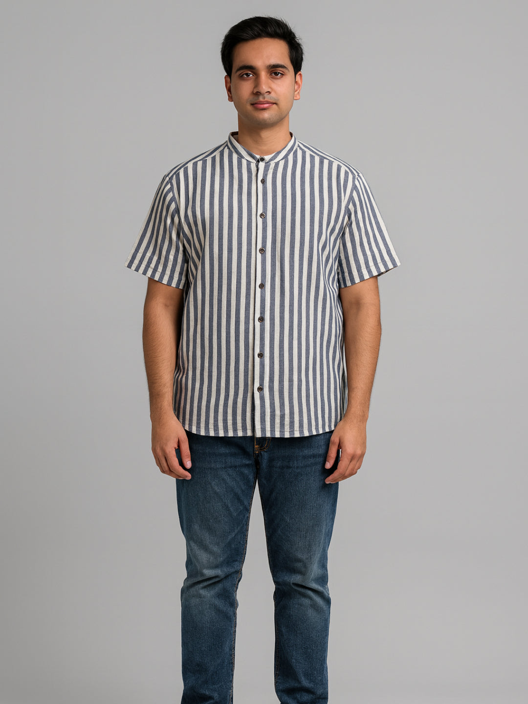 Biglilpeople Men's Striped Band Collar Short Sleeves Shirt