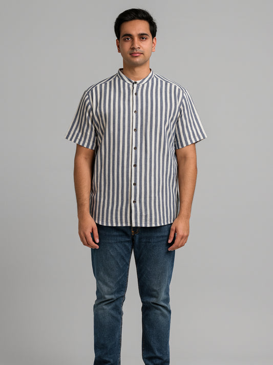 Biglilpeople Men's Striped Band Collar Short Sleeves Shirt