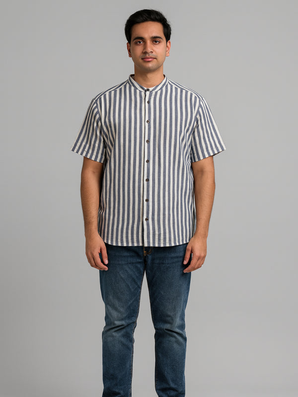 Biglilpeople Men's Striped Band Collar Short Sleeves Shirt