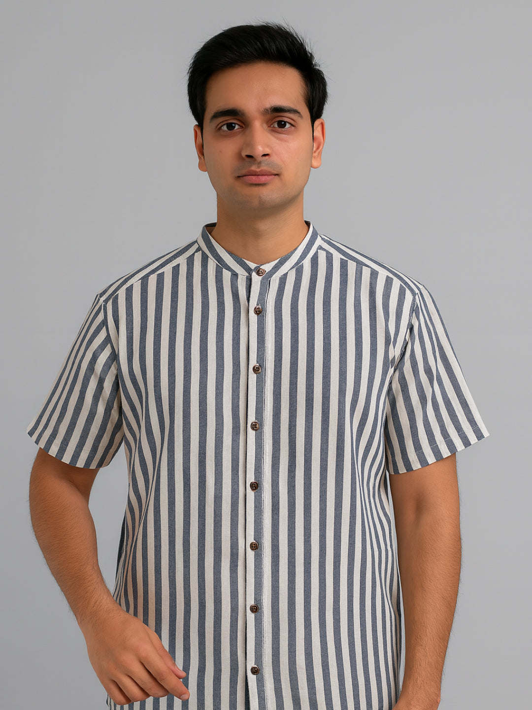 Biglilpeople Men's Striped Band Collar Short Sleeves Shirt
