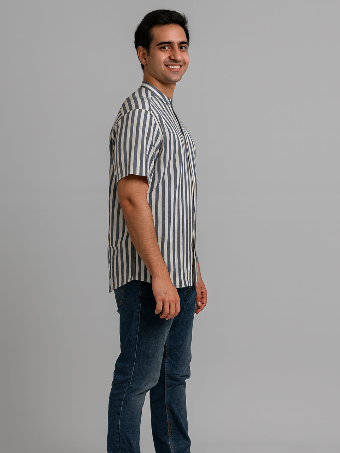 Biglilpeople Men's Striped Band Collar Short Sleeves Shirt