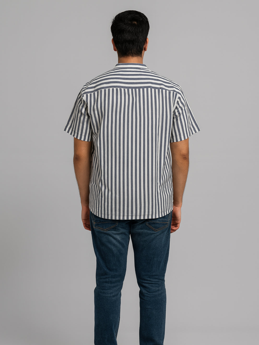 Biglilpeople Men's Striped Band Collar Short Sleeves Shirt