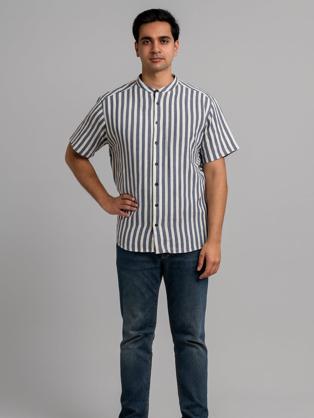 Biglilpeople Men's Striped Band Collar Short Sleeves Shirt