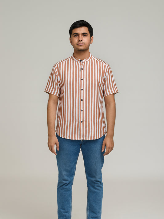 Biglilpeople Men's Striped Band Collar Short Sleeves Shirt