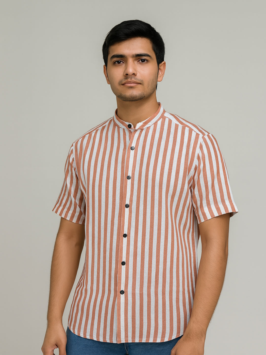 Biglilpeople Men's Striped Band Collar Short Sleeves Shirt