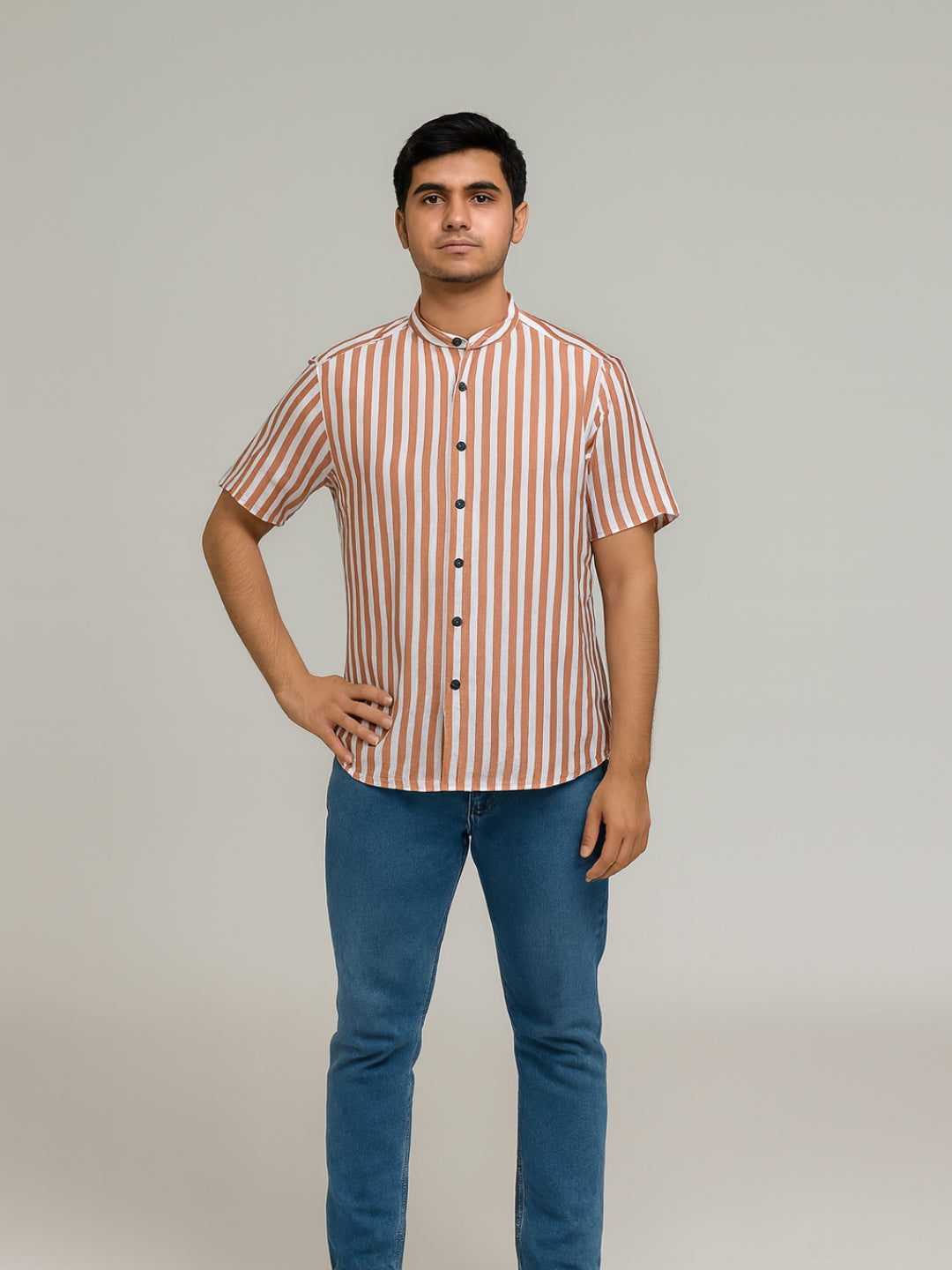 Biglilpeople Men's Striped Band Collar Short Sleeves Shirt