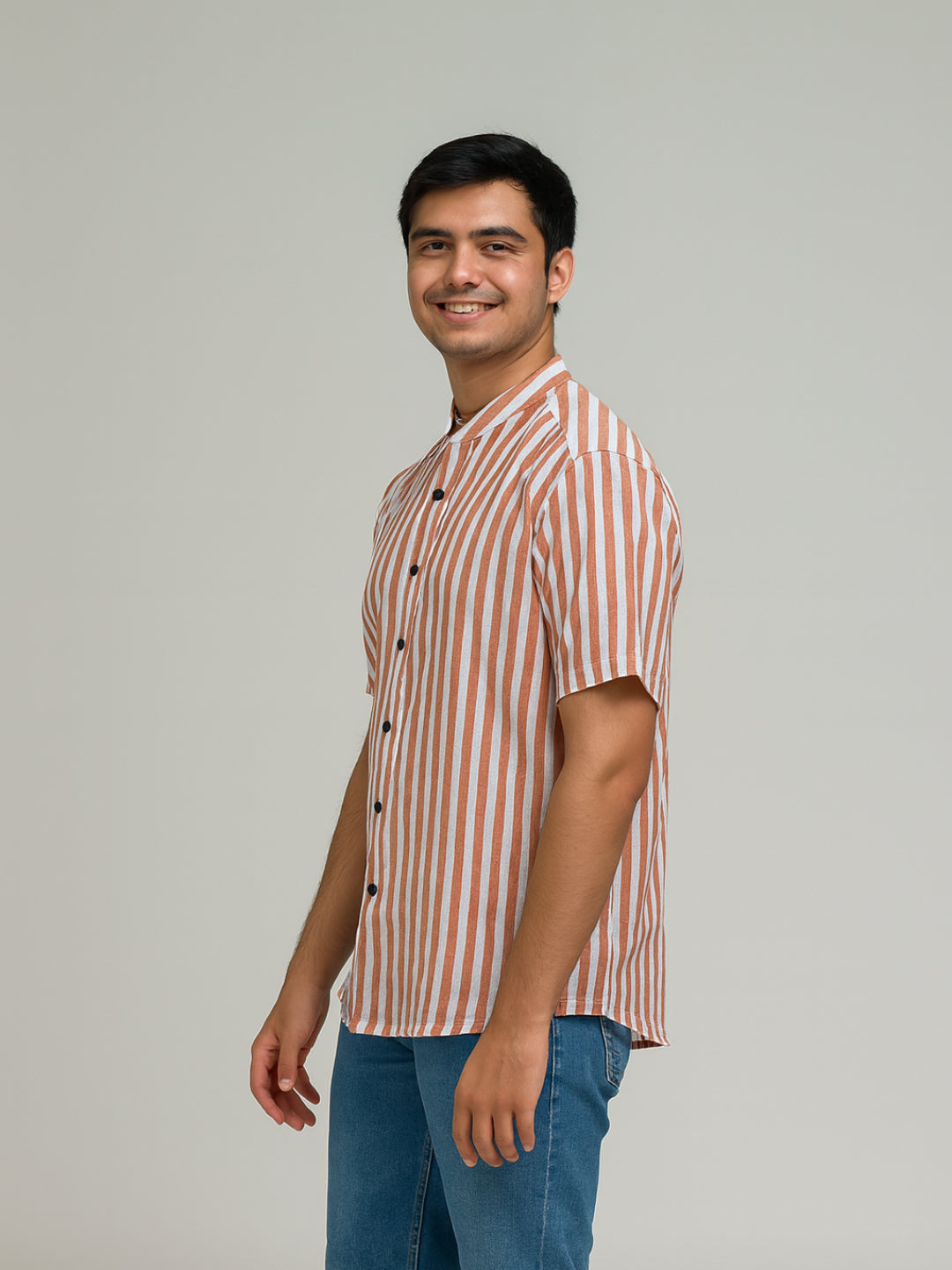 Biglilpeople Men's Striped Band Collar Short Sleeves Shirt