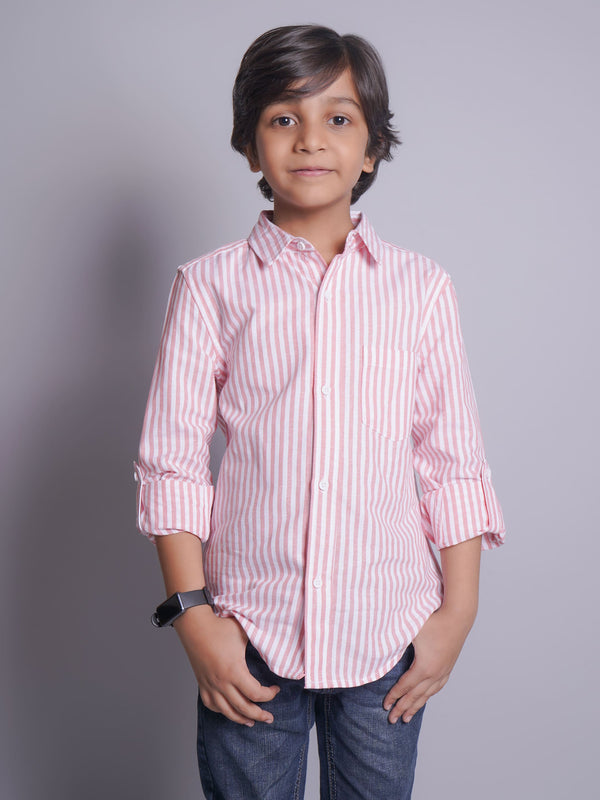 Camisa Casual de Manga Larga a Rayas Blancas/Naranjas