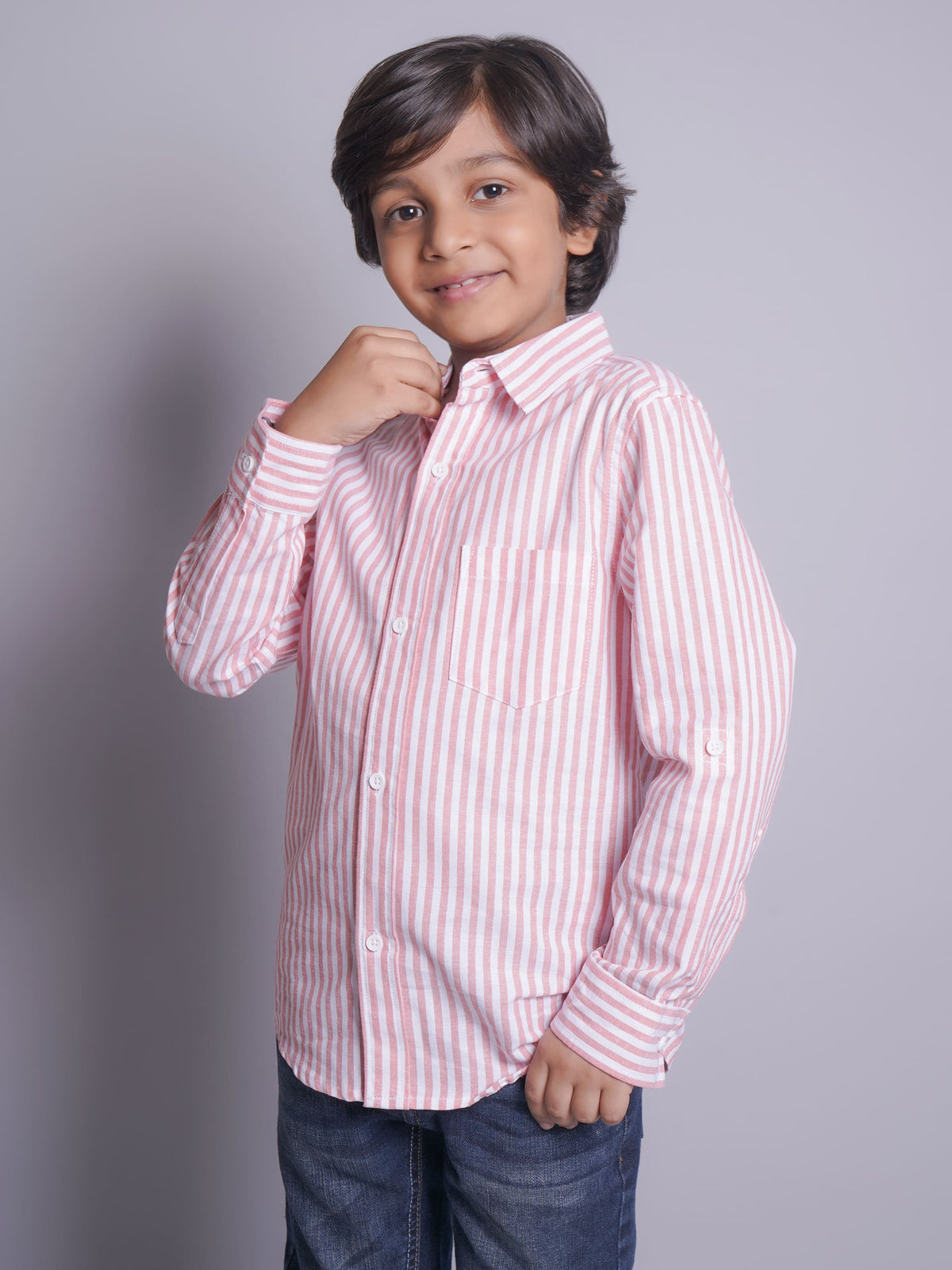 Camisa Casual de Manga Larga a Rayas Blancas/Naranjas