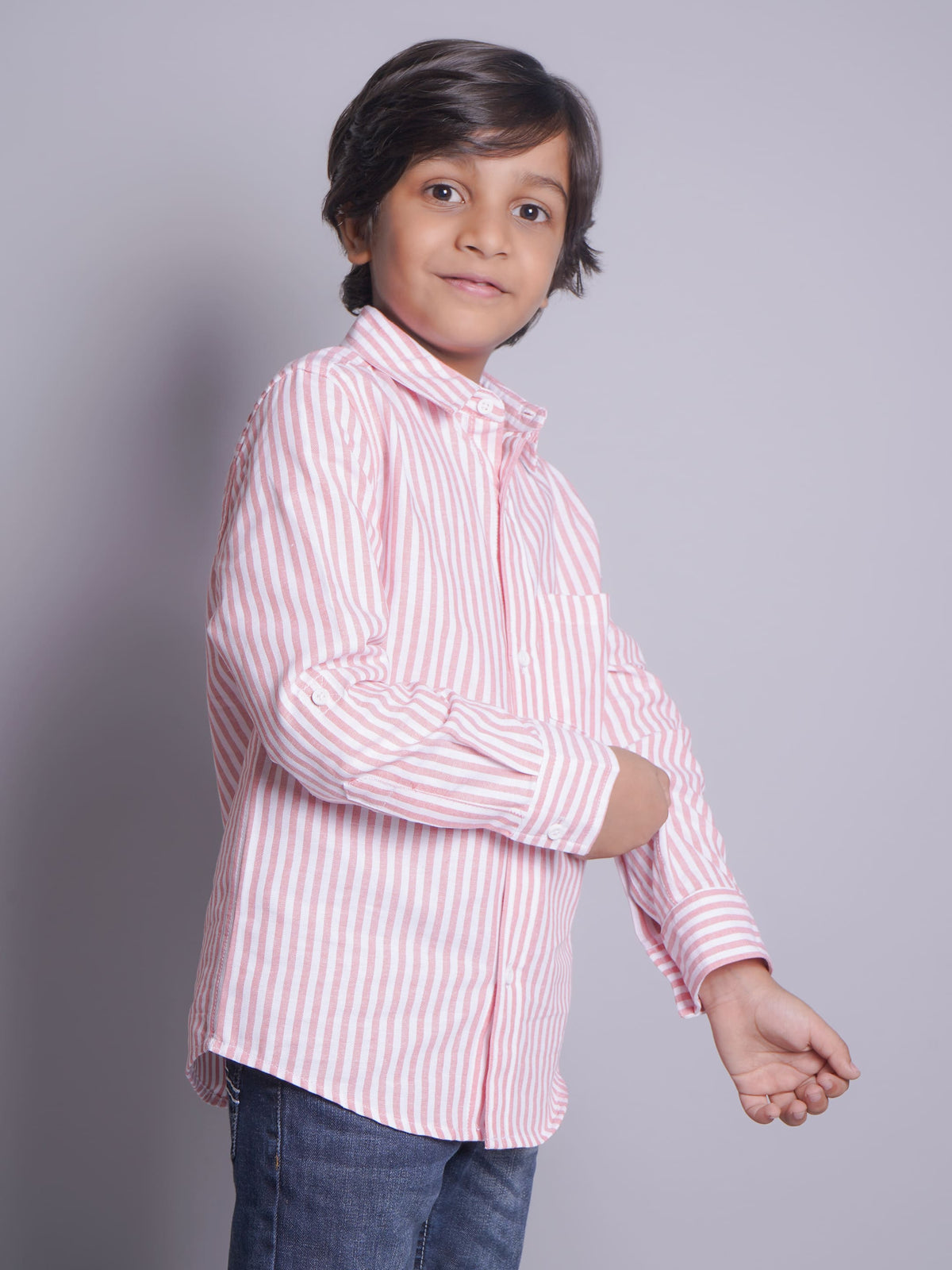 Camisa Casual de Manga Larga a Rayas Blancas/Naranjas