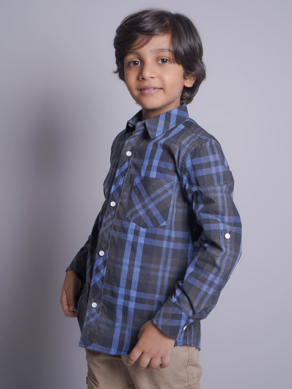 Camisa Casual de Manga Larga a Cuadros Azules