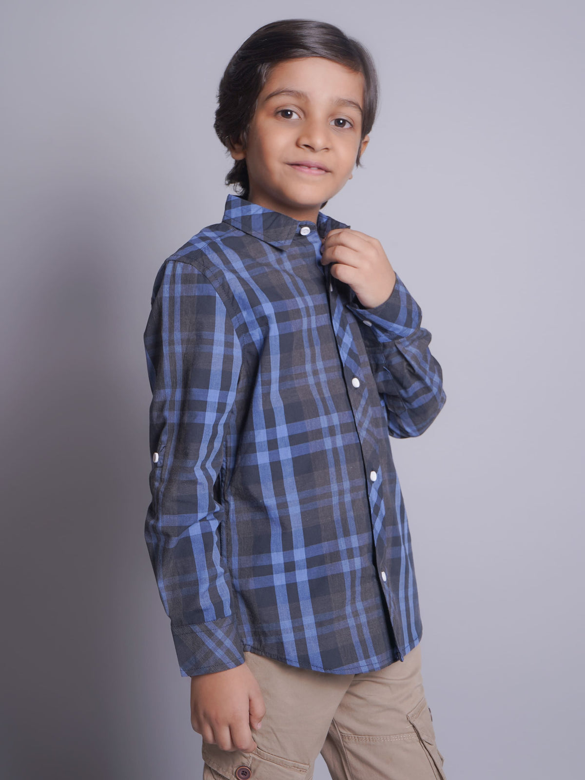 Camisa Casual de Manga Larga a Cuadros Azules