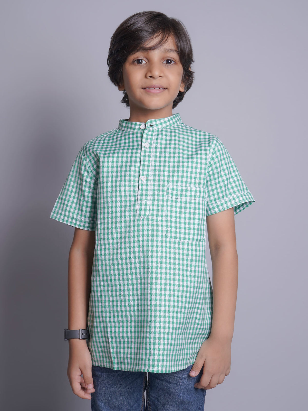Mandarin Style Boys Checks Half Sleeves Casual Shirt