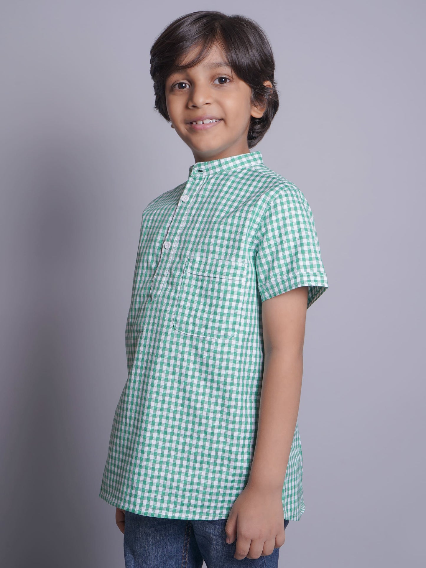 Mandarin Style Boys Checks Half Sleeves Casual Shirt