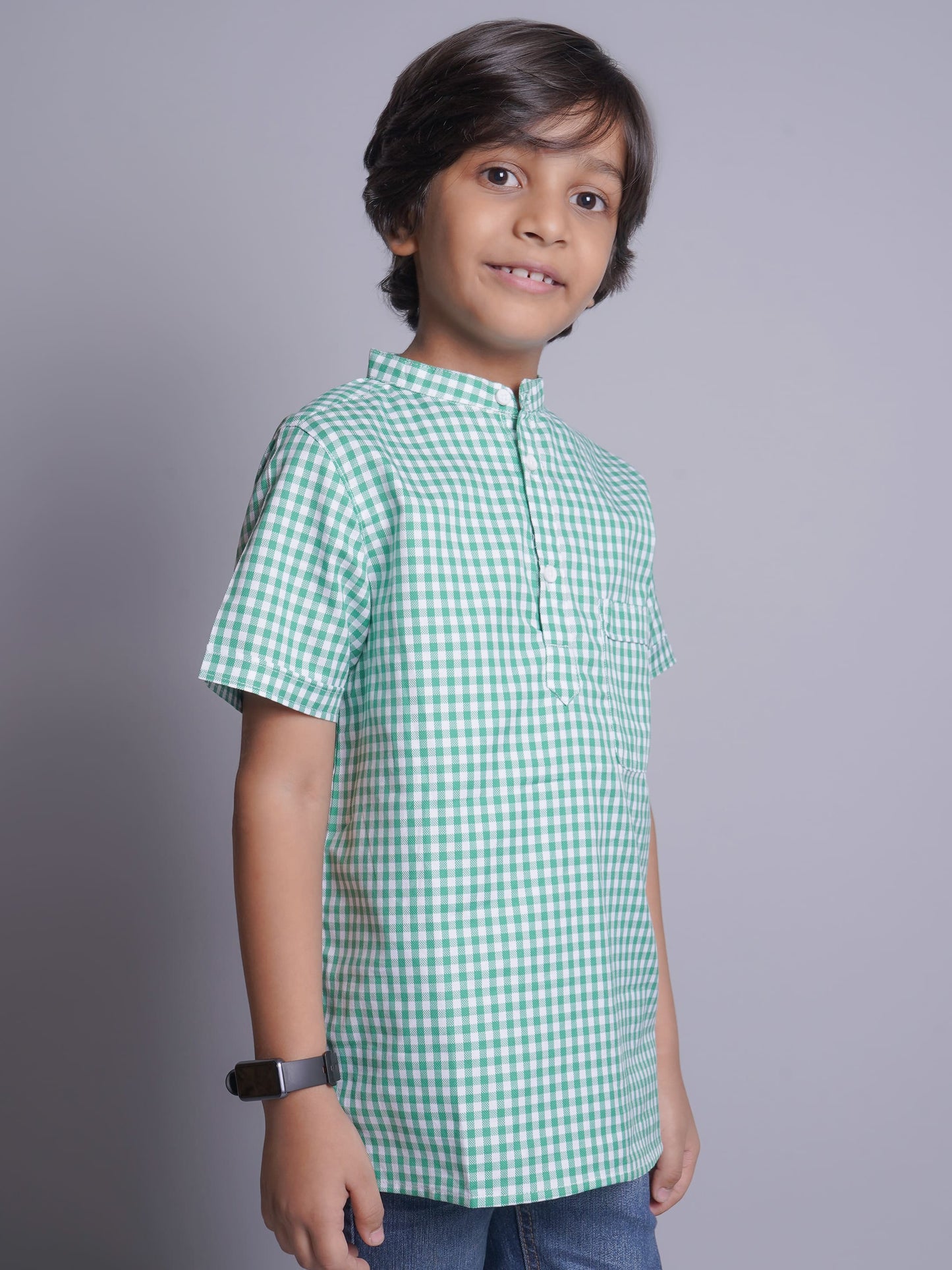 Mandarin Style Boys Checks Half Sleeves Casual Shirt