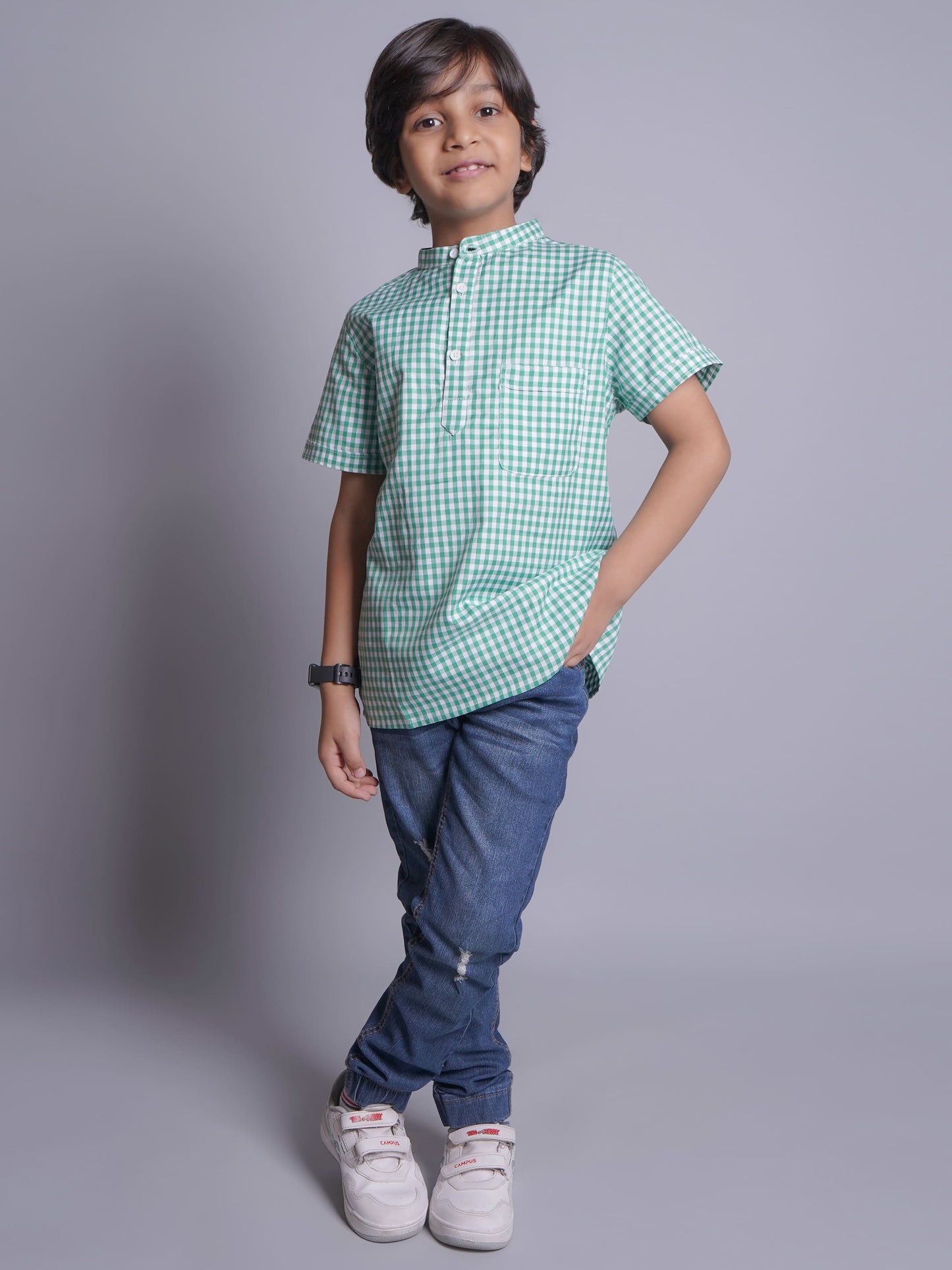 Mandarin Style Boys Checks Half Sleeves Casual Shirt