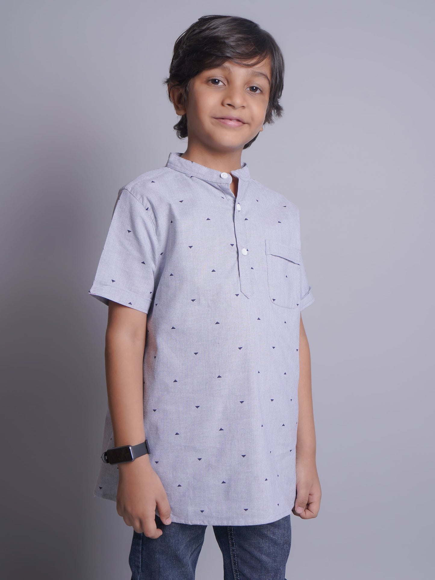 Mandarin Style Boys Checks Half Sleeves Casual Shirt