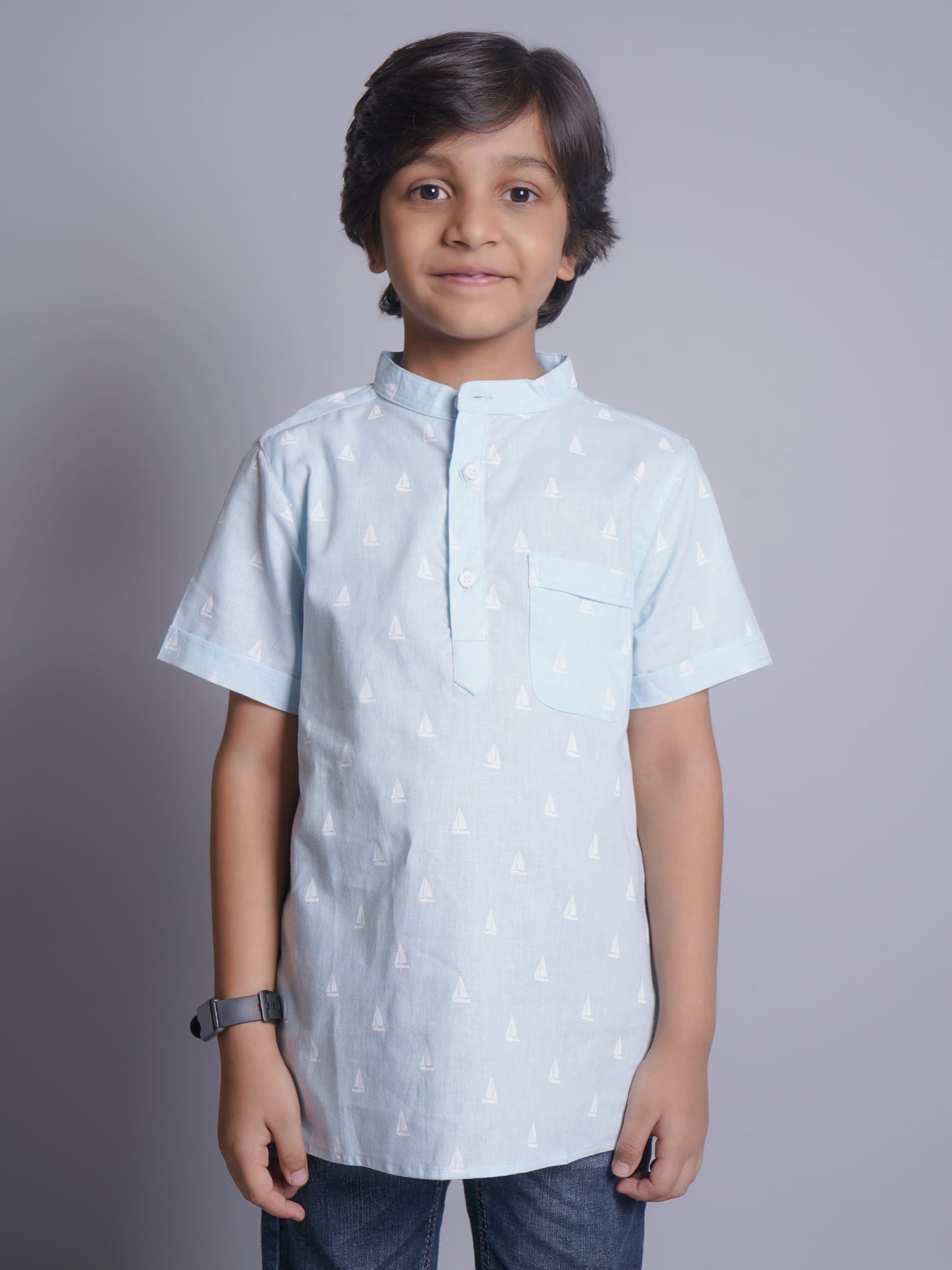 Mandarin Style Boys Printed Half Sleeves Casual Shirt