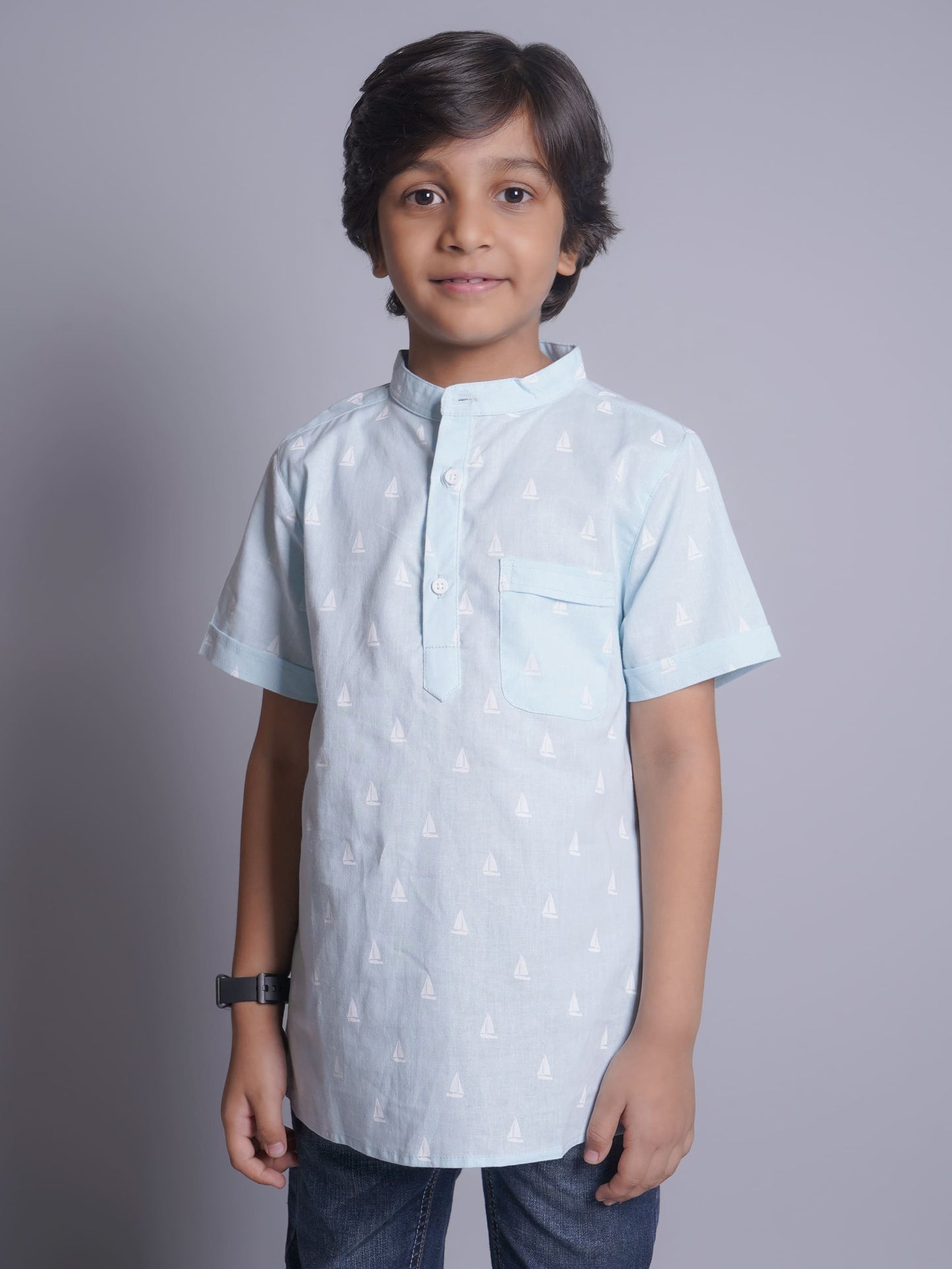 Mandarin Style Boys Printed Half Sleeves Casual Shirt