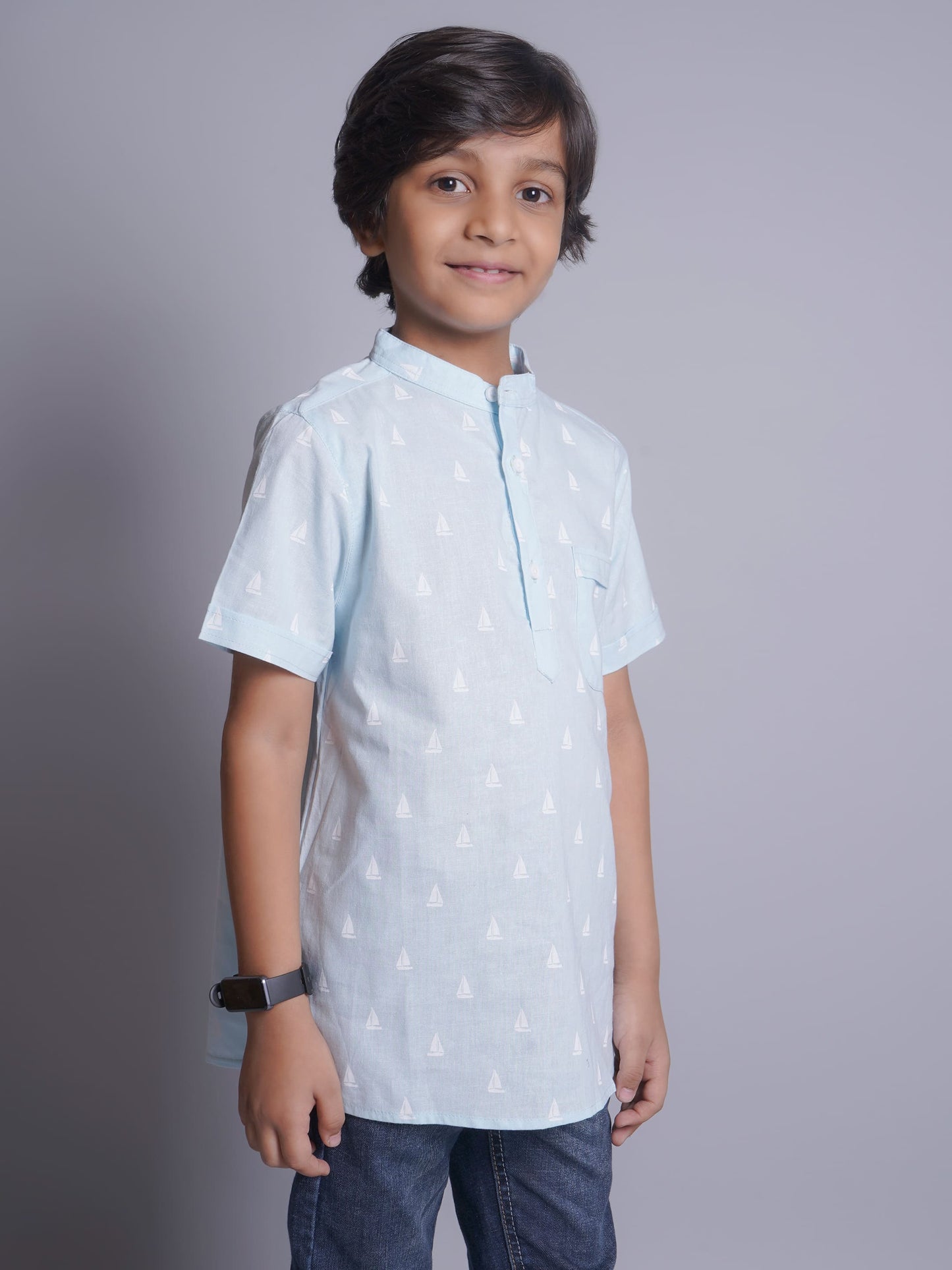 Mandarin Style Boys Printed Half Sleeves Casual Shirt