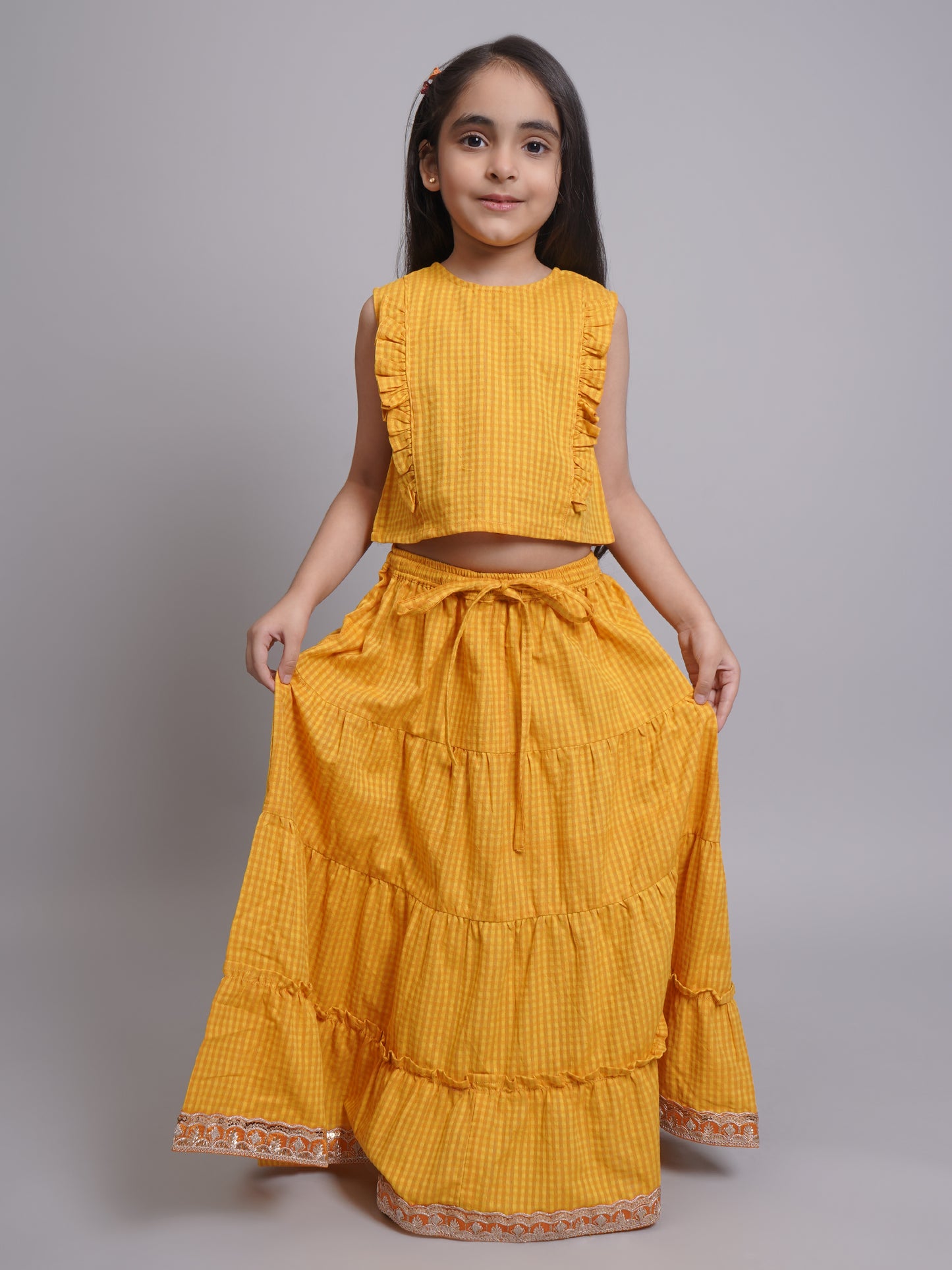 Girls Yellow Sleeveless Lehenga Choli Set