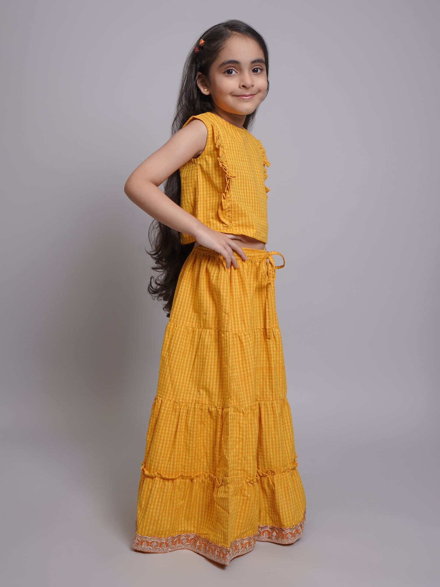 Girls Yellow Sleeveless Lehenga Choli Set