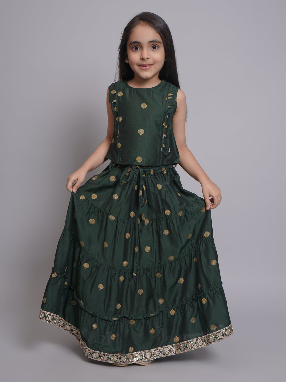 Conjunto Lehenga Choli sin Mangas Verde para Niñas