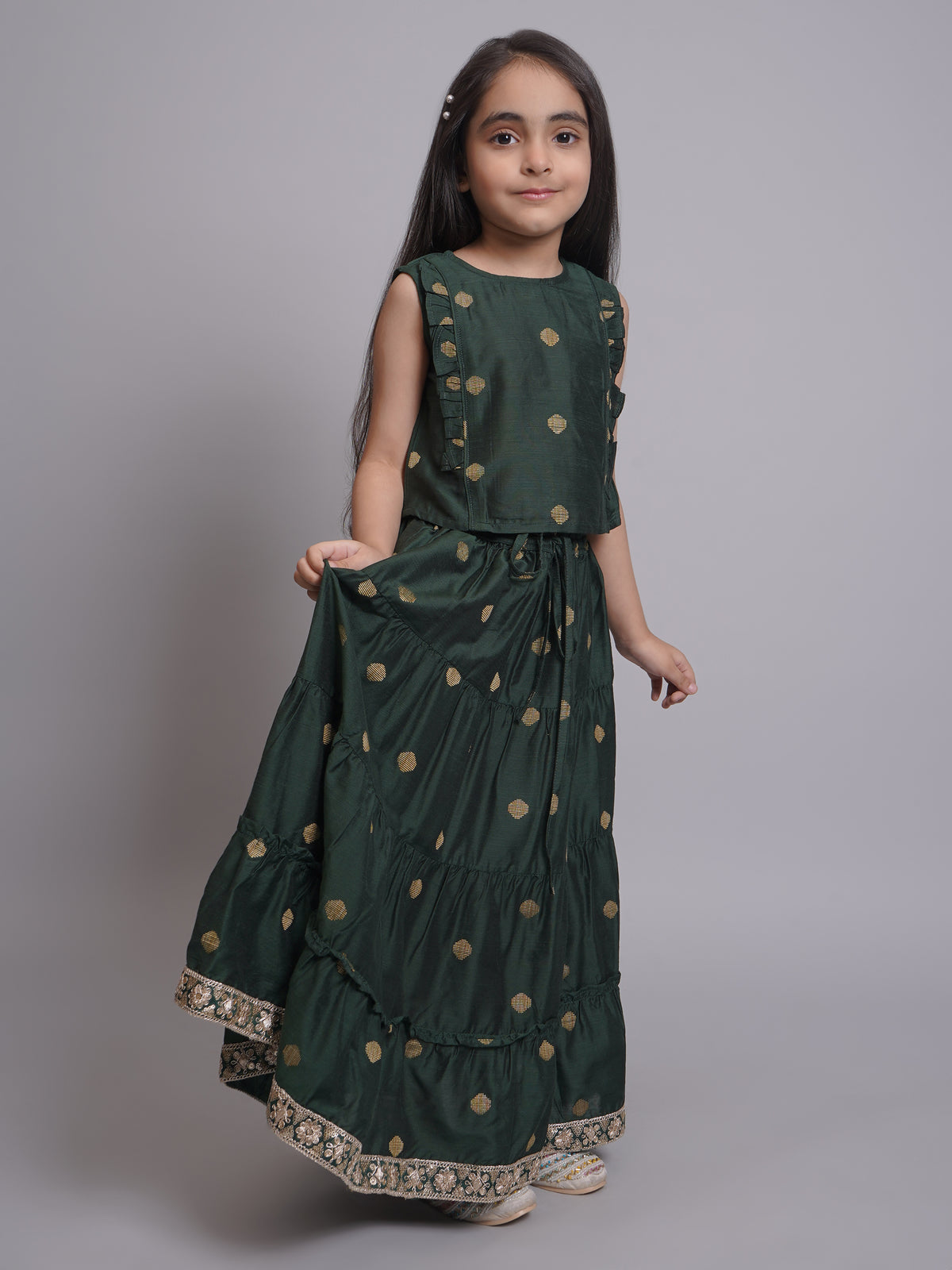 Conjunto Lehenga Choli sin Mangas Verde para Niñas