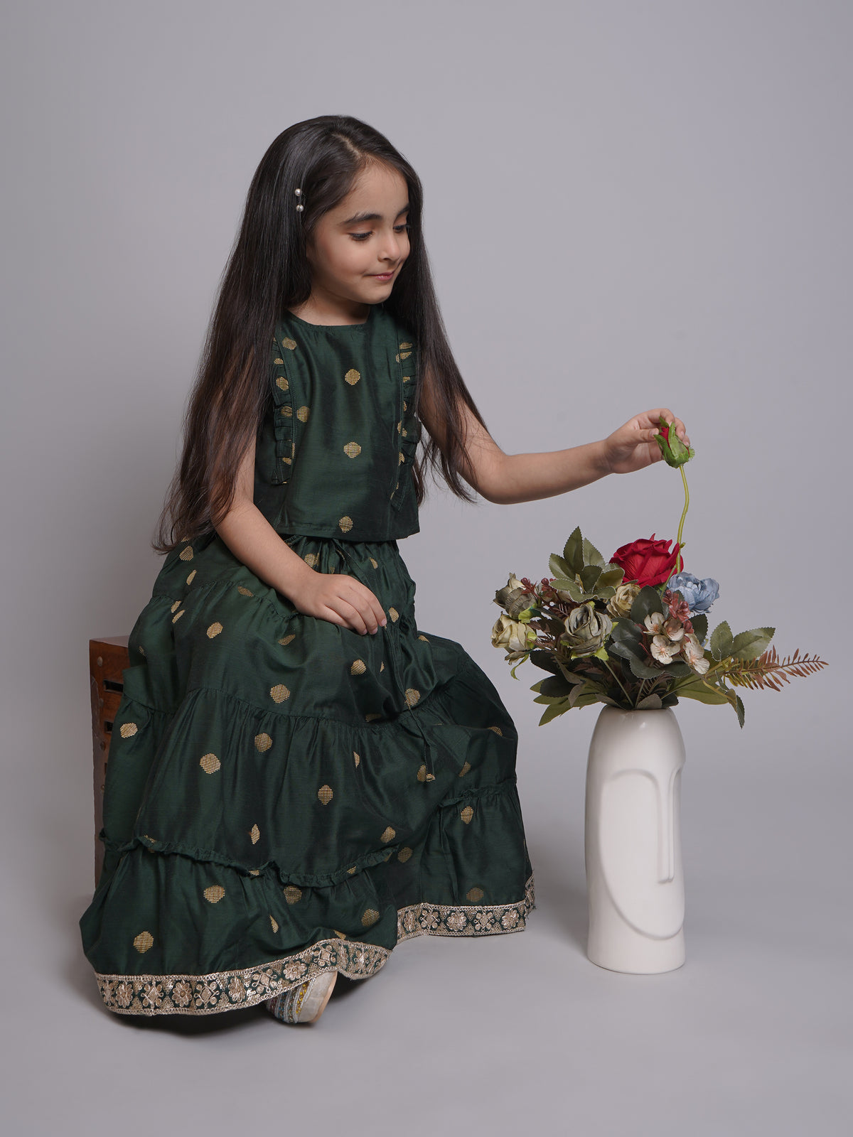 Conjunto Lehenga Choli sin Mangas Verde para Niñas