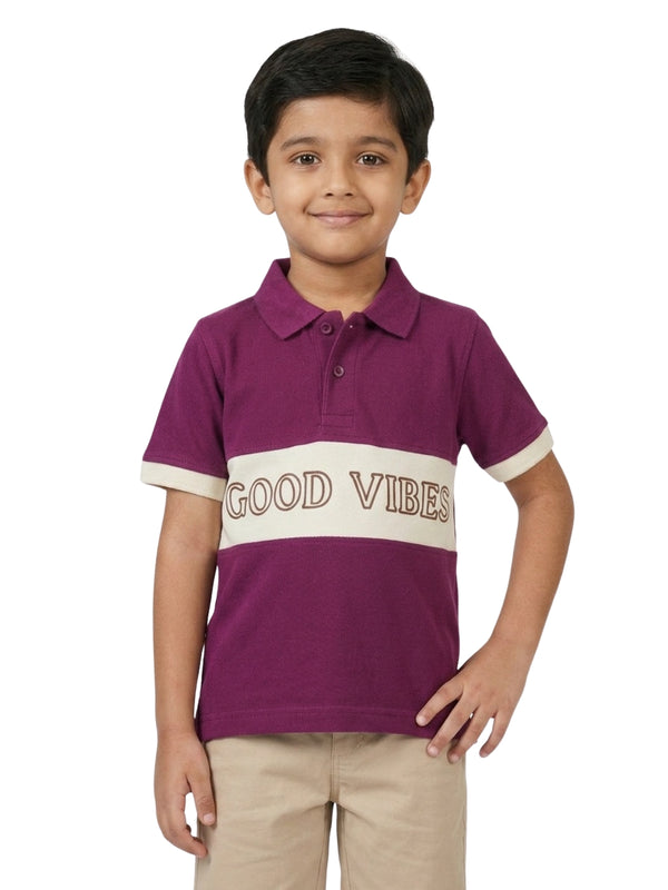 Boys Pure Cotton Purple & Off White Color Pique Polo T Shirt with Good Vibes design Print