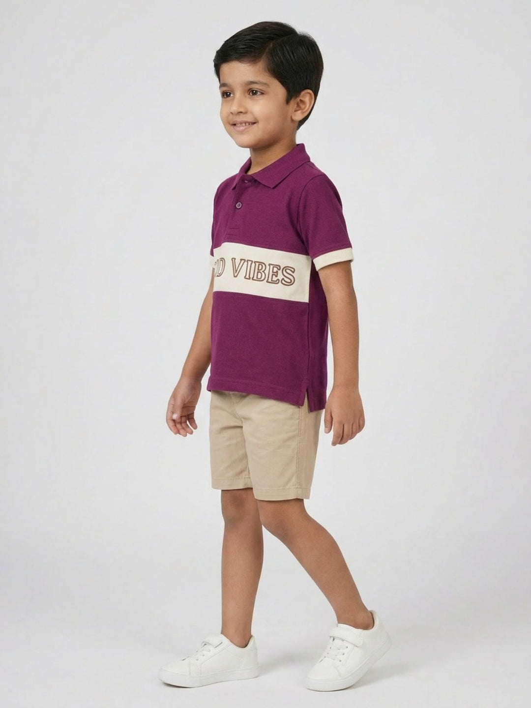 Boys Pure Cotton Purple & Off White Color Pique Polo T Shirt with Good Vibes design Print
